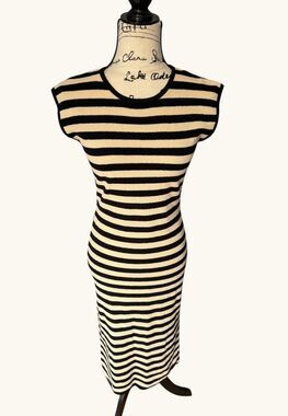 Bluivy Striped Knit Midi Dress Small Black Beige Cap Sleeve Textured Knit S
